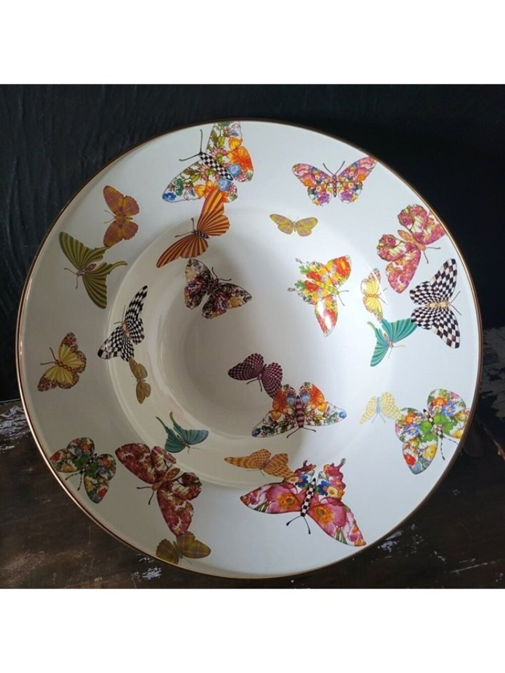 Large Mackenzie-Childs Butterfly Garden Enamel Serving Bowl Retired 11.625"